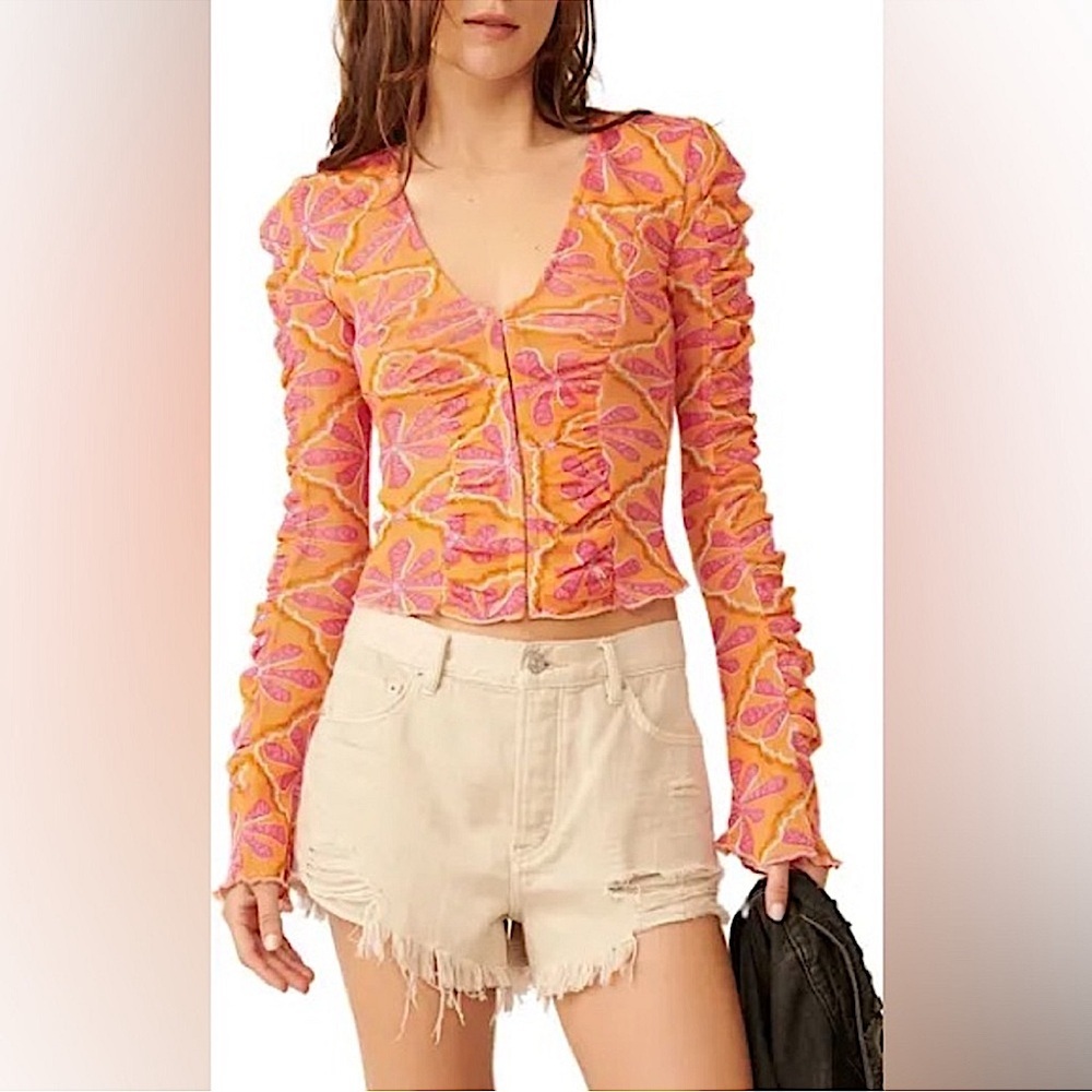 Free People NEW Through the Meadow Mesh Ruched Sleeve Top Size Small Orange/Pink